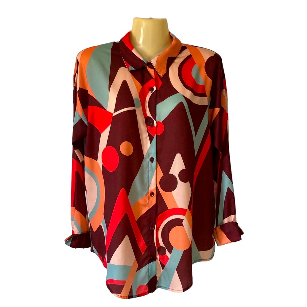Vici Geometric Retro Shirt Turn Up Cuff Button Front Disco Party Rust Orange XS